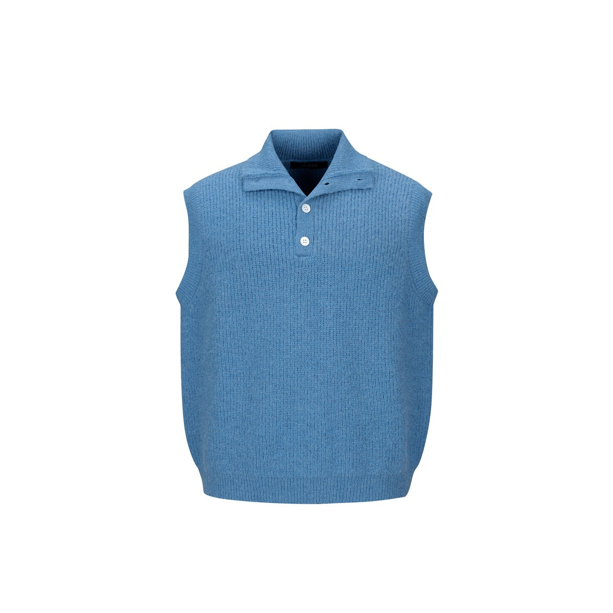 Blue rib-knit sleeveless sweater vest with a spread collar and two white buttons, shown from the front.