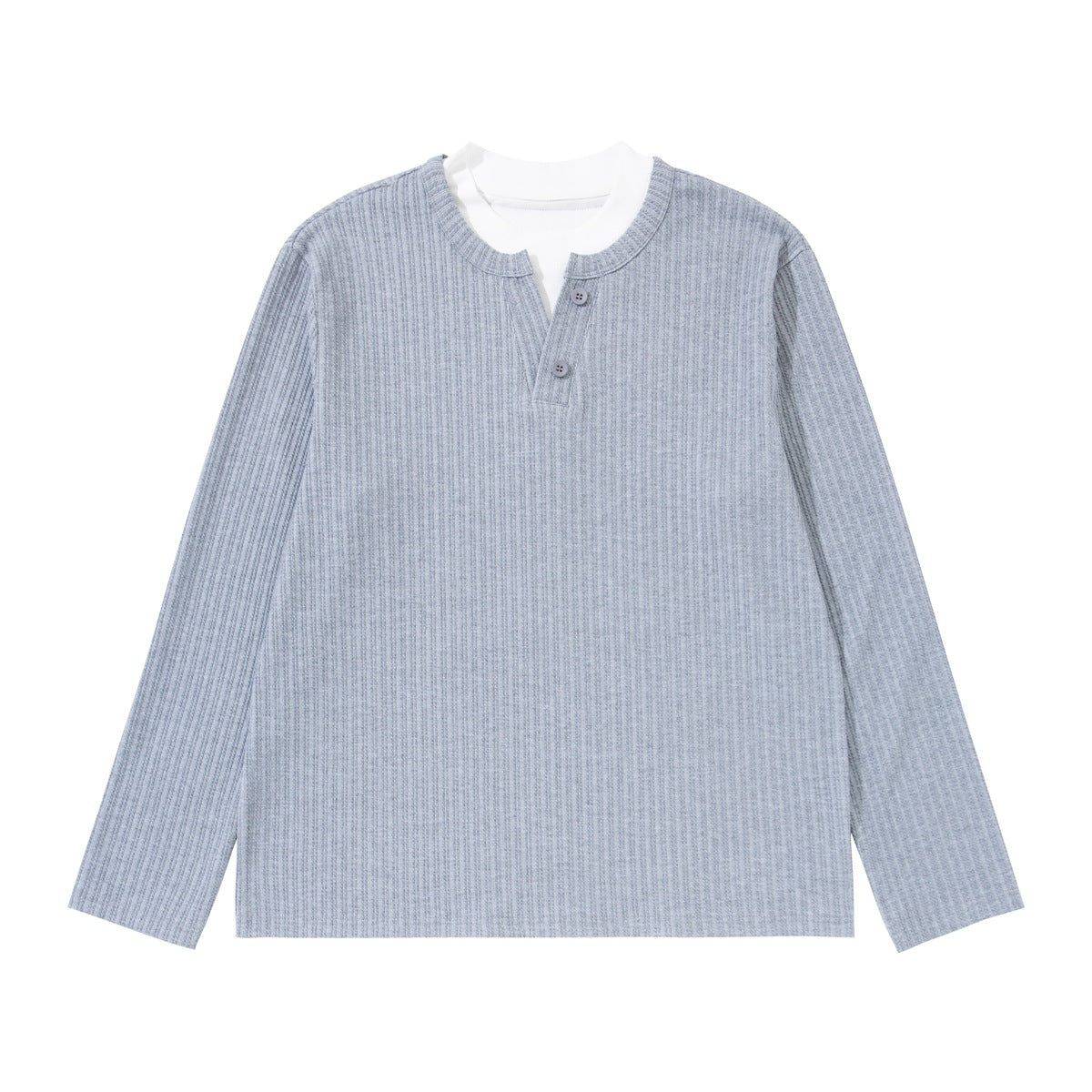 Blue-gray ribbed long-sleeve henley top with two buttons and white inner collar, flat lay front view