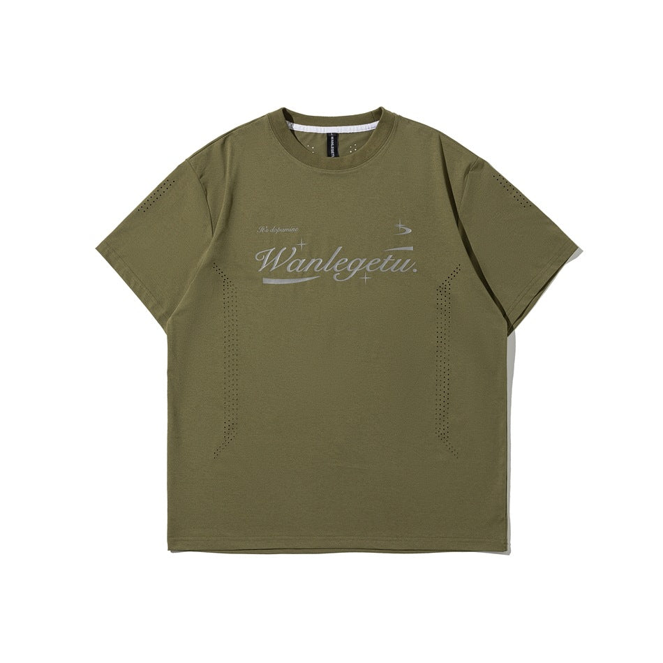 Olive green short-sleeve crew-neck T-shirt with gray script chest print and perforated dots on sides and sleeve