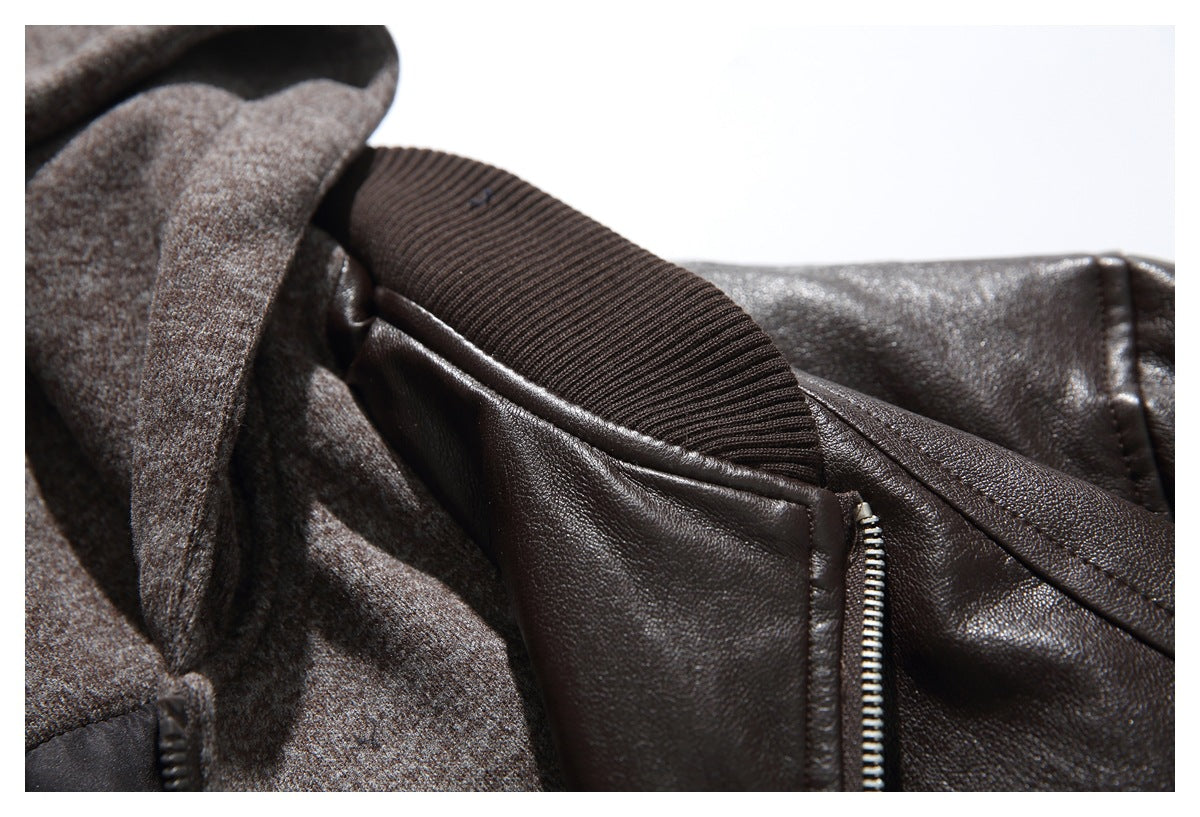 Close-up of the jacket's dark ribbed collar beside the hood and brown outer panel.
