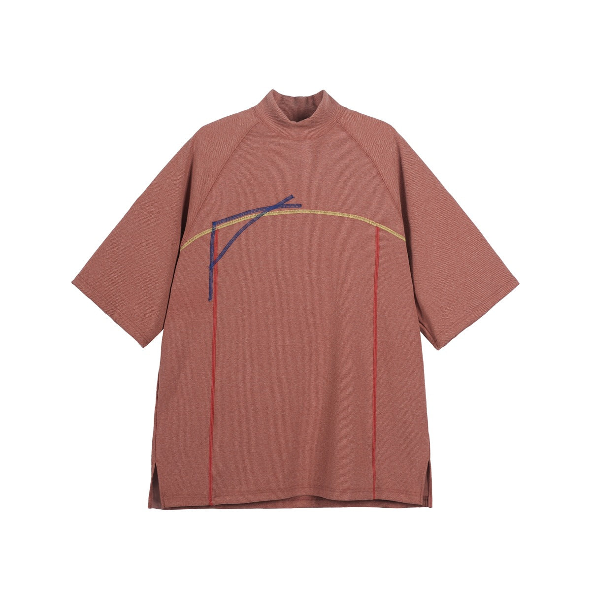 Terracotta orange mock-neck short-sleeve top with blue, yellow and red contrast stitching, flat front view
