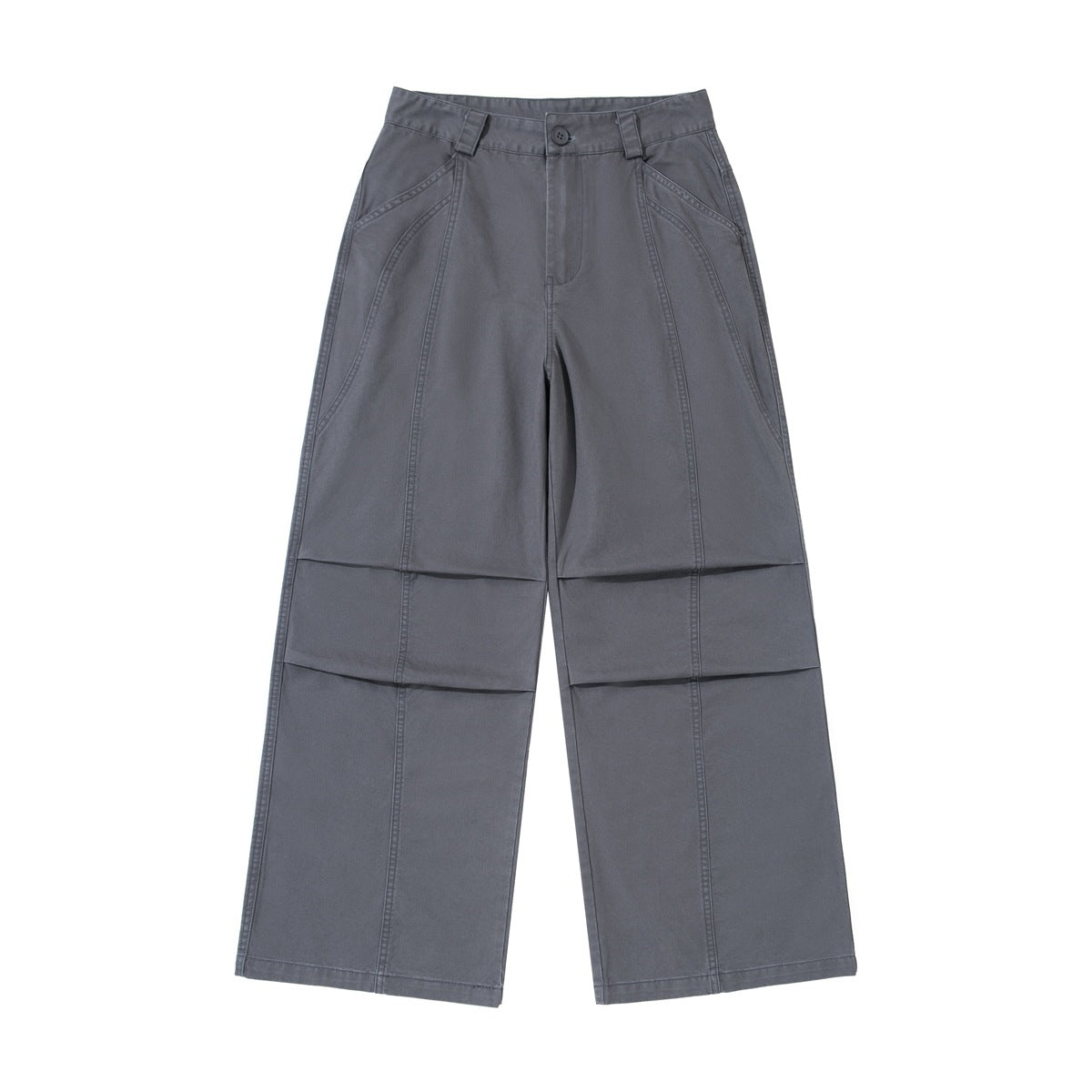 Gray wide-leg pants, front flat lay, with knee pleats, curved front pockets and a button fly