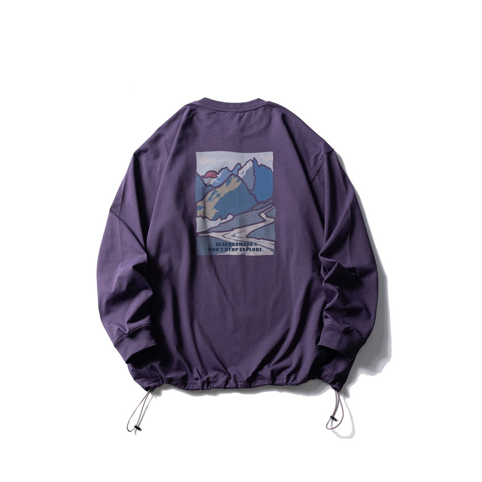 Deep purple sweatshirt back with a mountain graphic, English slogan, ribbed cuffs, and adjustable hem drawstrings.