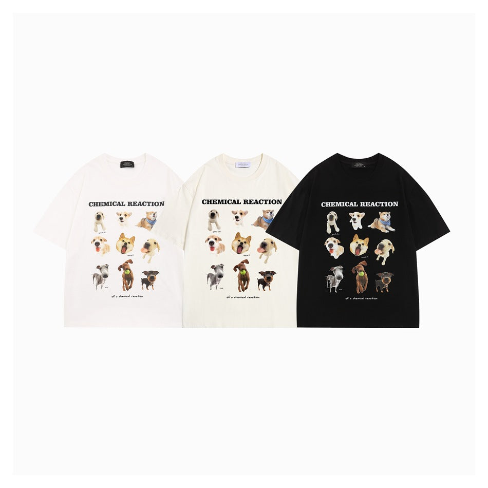 Three short-sleeve T-shirts in white, cream, and black, each with a collage of dogs and Chemical Reaction text.