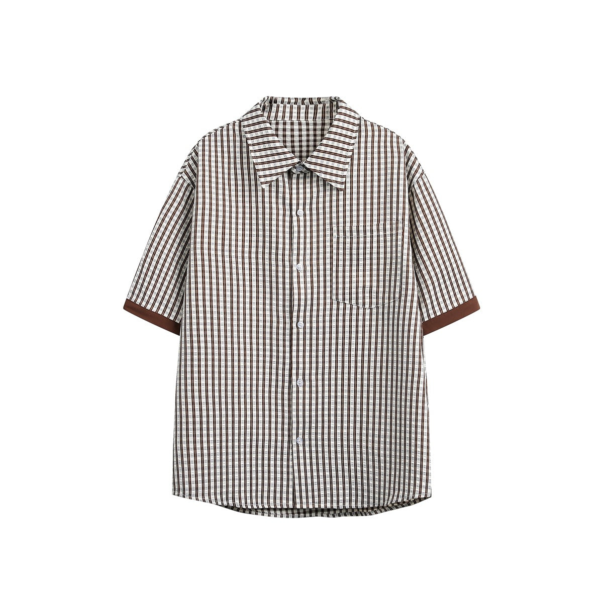 Brown and cream striped short-sleeve button-up shirt with chest pocket and brown cuffs, flat front view