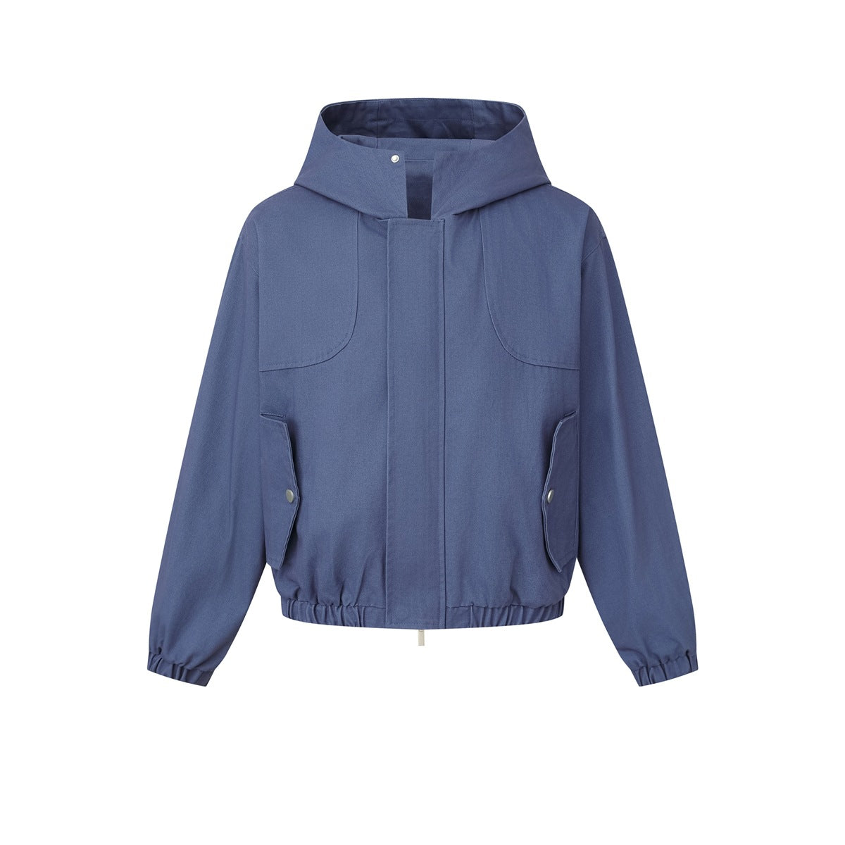 Blue hooded zip-front jacket with snap flap waist pockets and elastic cuffs and hem, flat front view