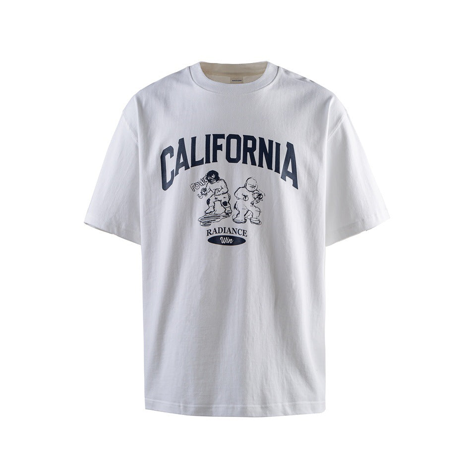 White short-sleeve crew neck T-shirt with navy CALIFORNIA arched print and cartoon figures, front flat view