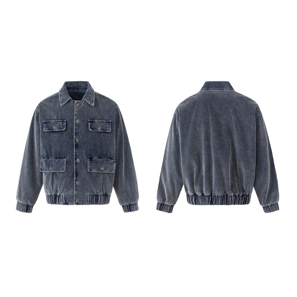 Blue ribbed jacket shown flat from the front and back, with four front flap pockets, buttons, and gathered cuffs and hem.