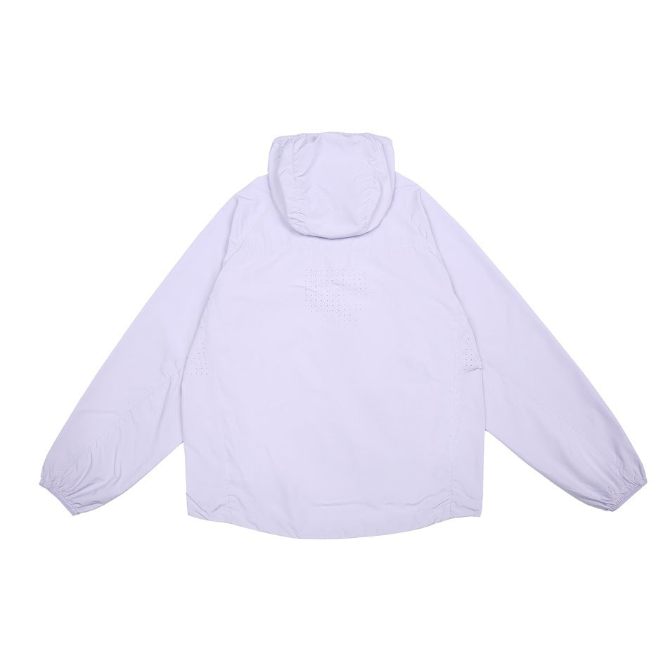 Rear flat lay of a pale lavender hooded jacket with elastic cuffs and small perforated details across the back.