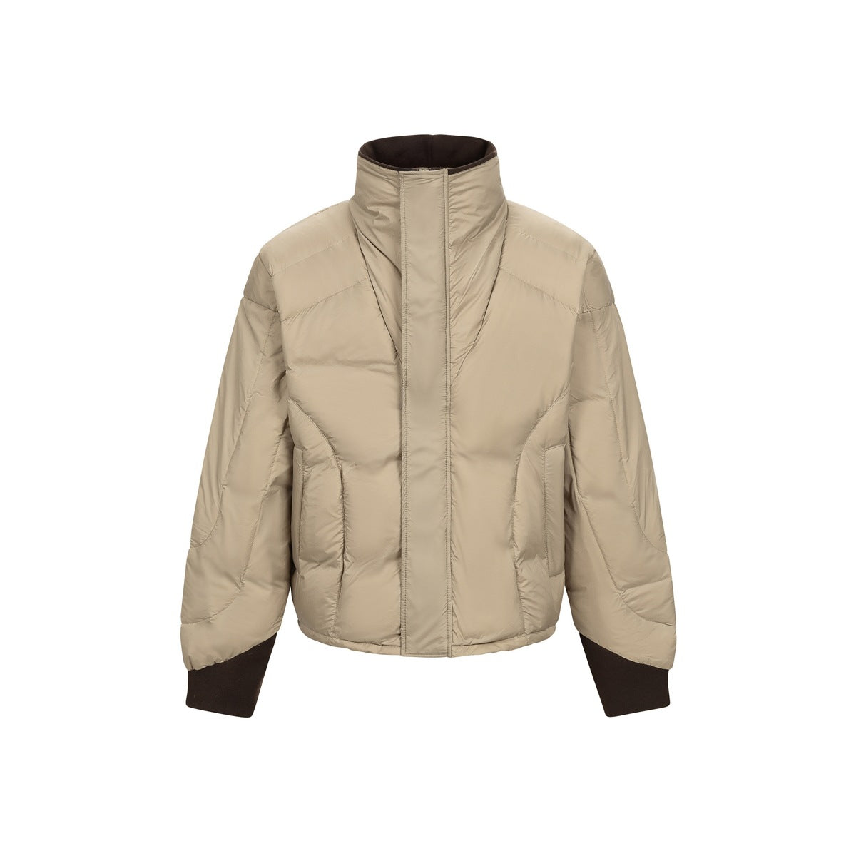 Khaki cropped quilted jacket with stand collar, front placket and dark brown ribbed cuffs, front view