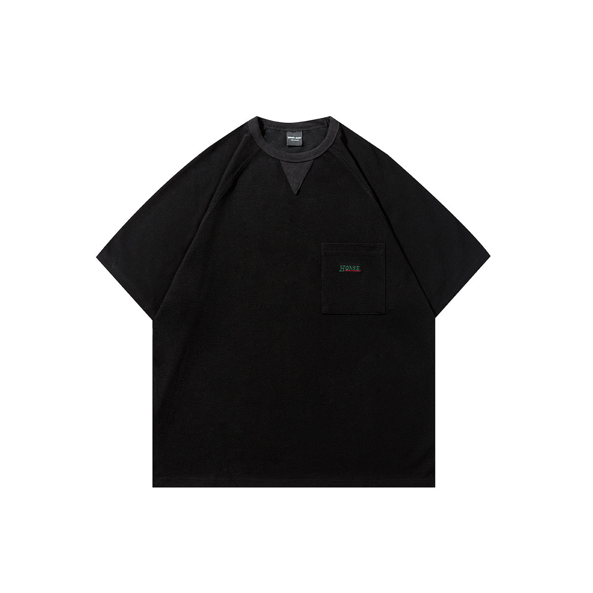 Black short-sleeve raglan T-shirt flat lay with V neck insert and chest pocket with small embroidered text