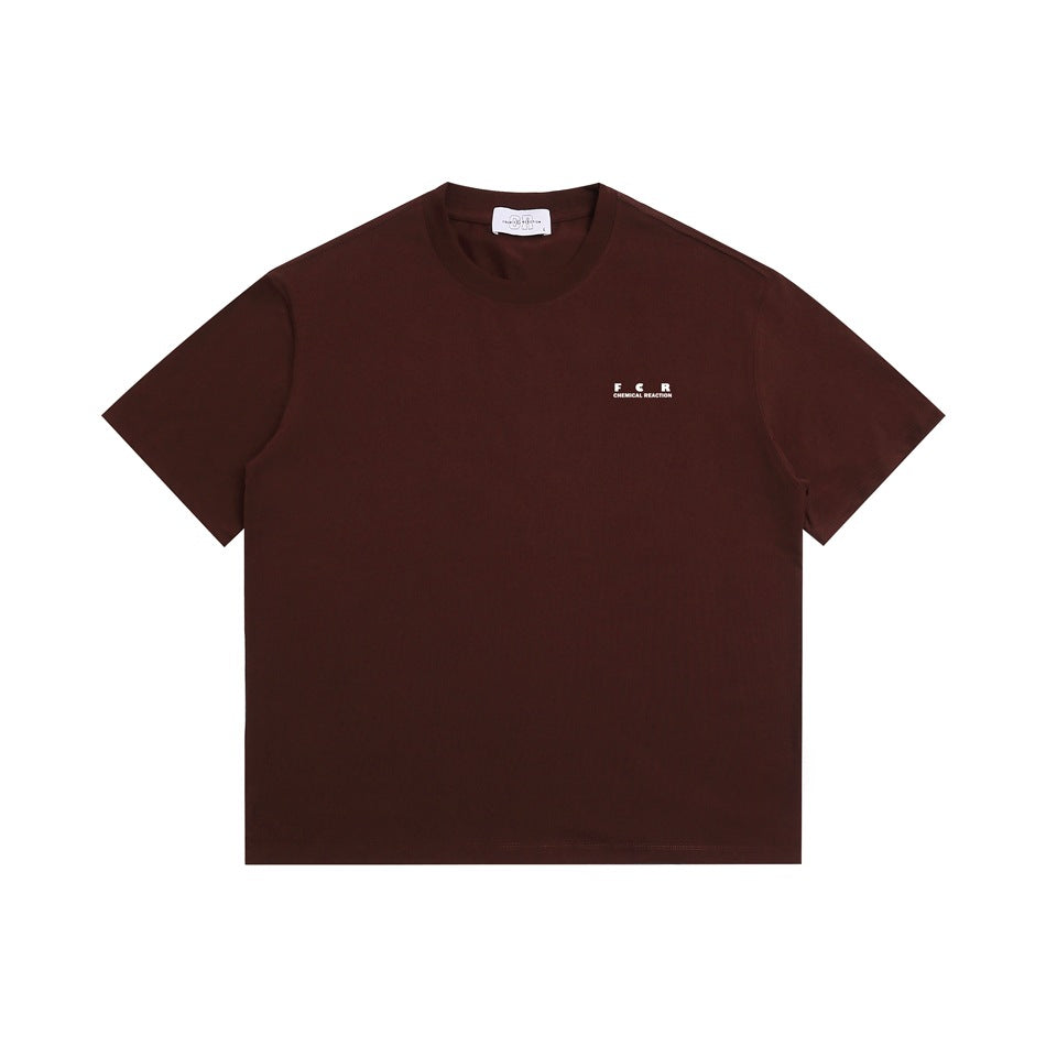 Dark burgundy short-sleeve crew-neck T-shirt with a small white chest logo, shown flat against white.