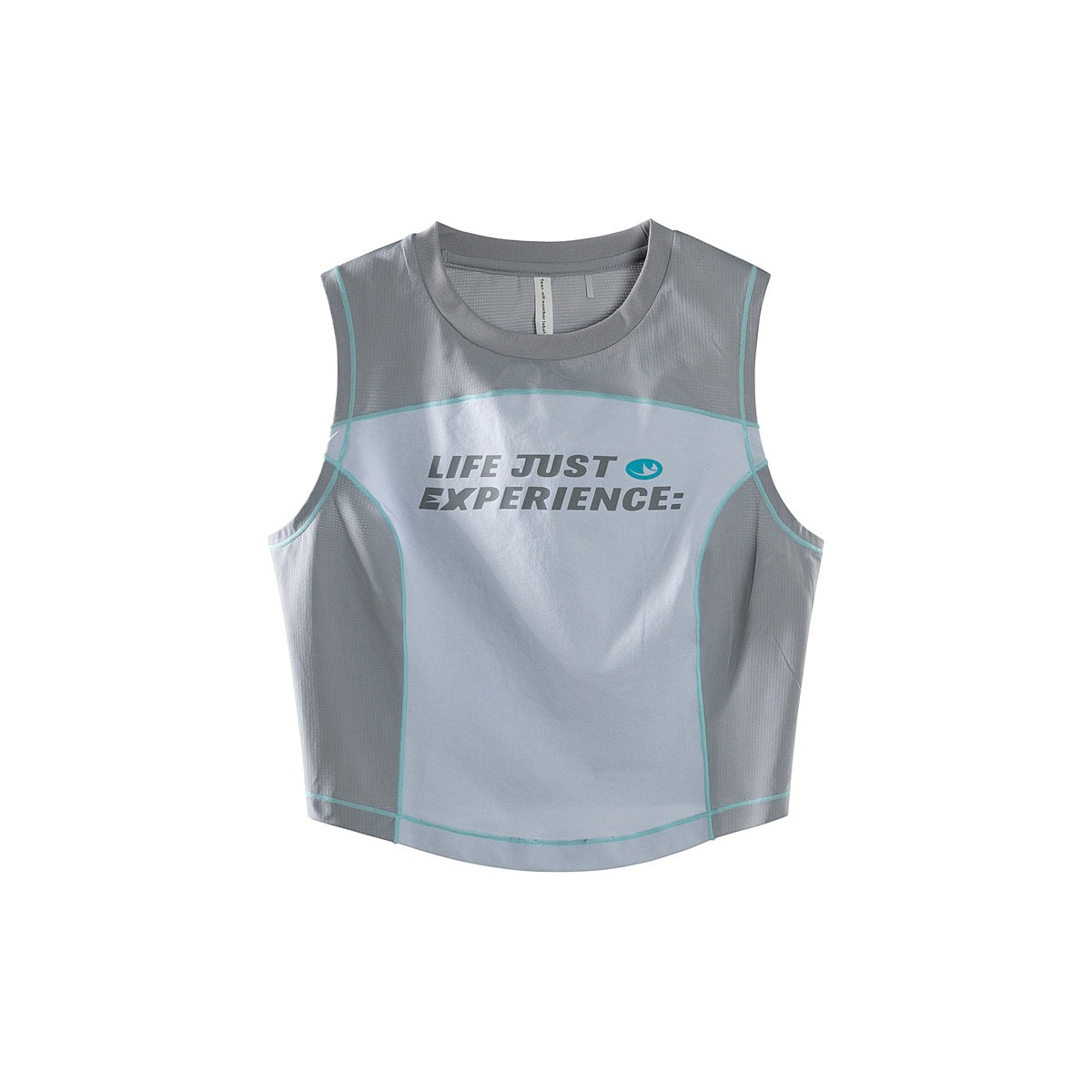 Gray and light blue color-block cropped tank top with teal topstitching and slogan print with teal logo