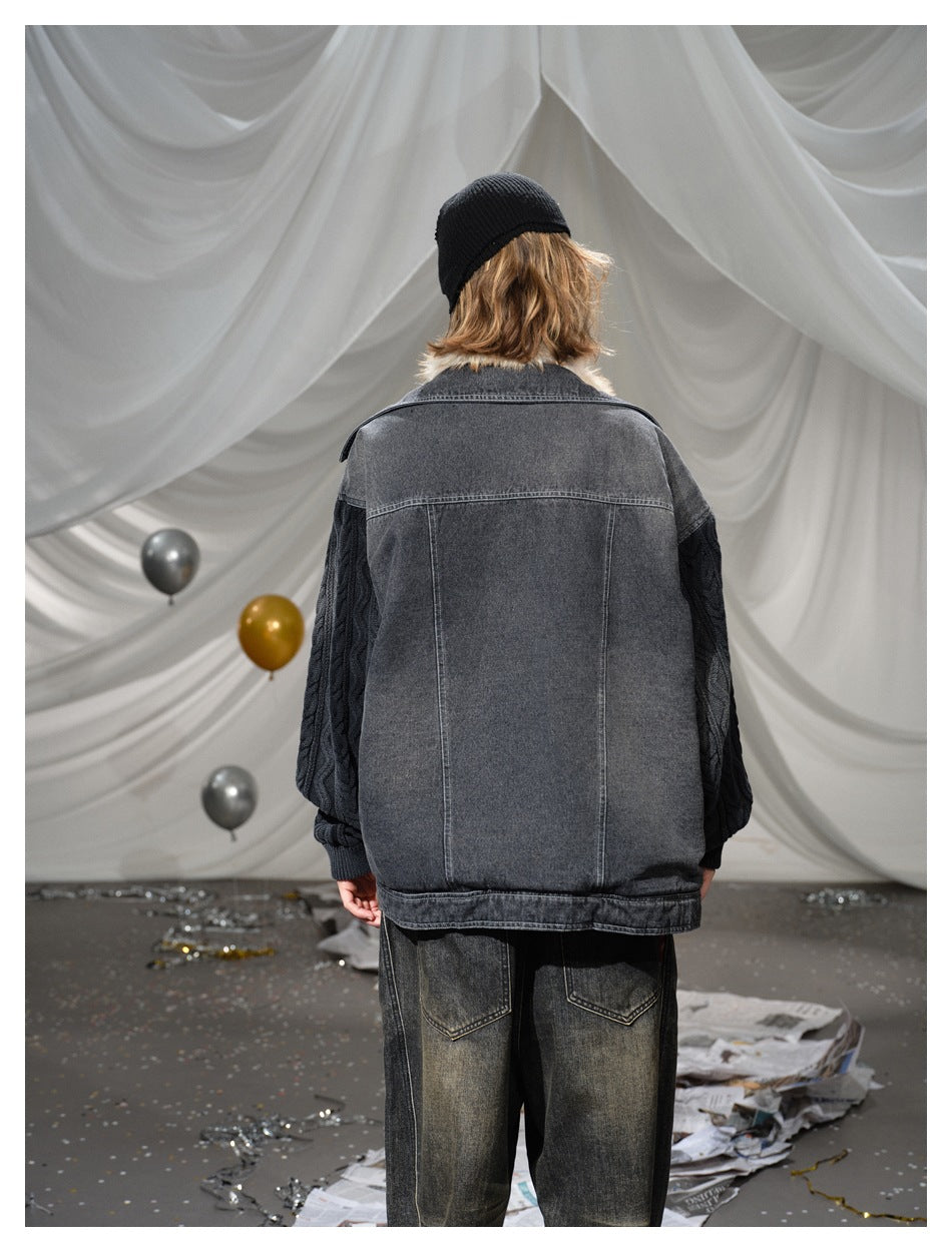 Rear view of a model wearing a charcoal denim jacket with black cable-knit sleeves and a cream fur collar.