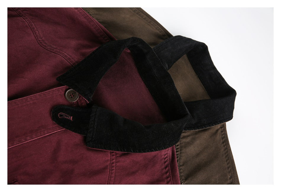 Close-up of burgundy and brown jackets with contrasting black corduroy collars and button details.