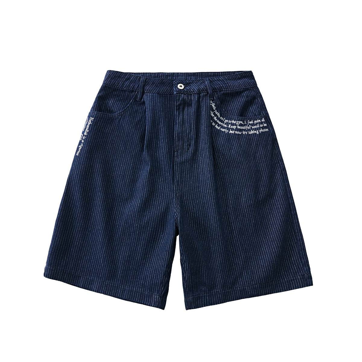 Dark navy pinstriped knee-length shorts, front view, with white embroidered script on the pocket and side