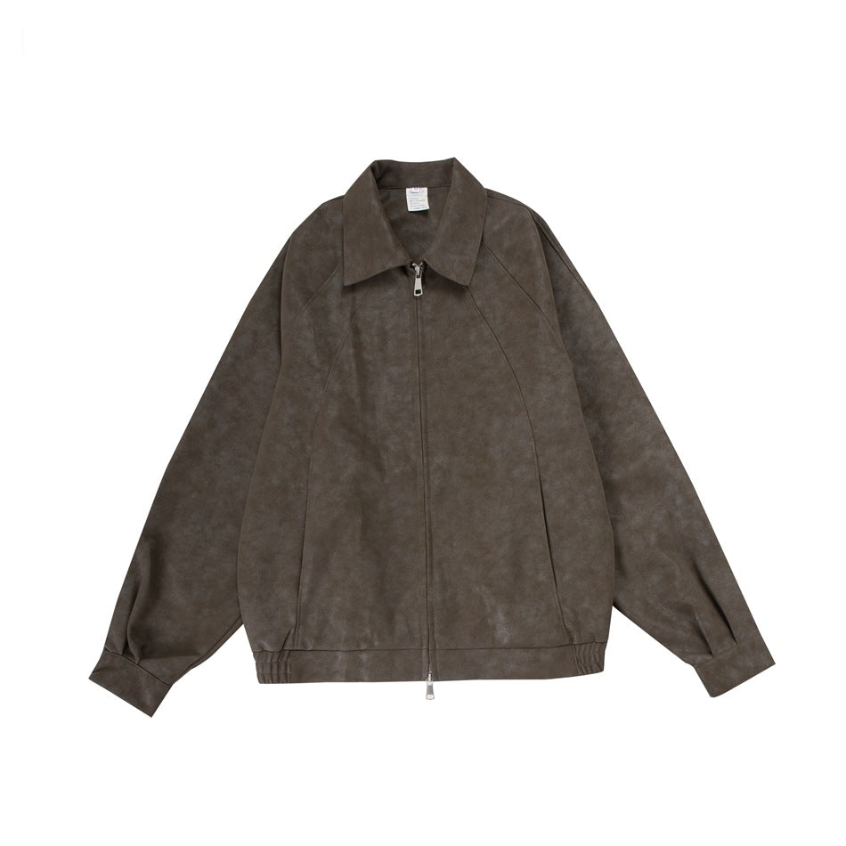 Front flat lay of a taupe-brown jacket with a wide collar, zip closure, raglan sleeves, and elasticated hem.