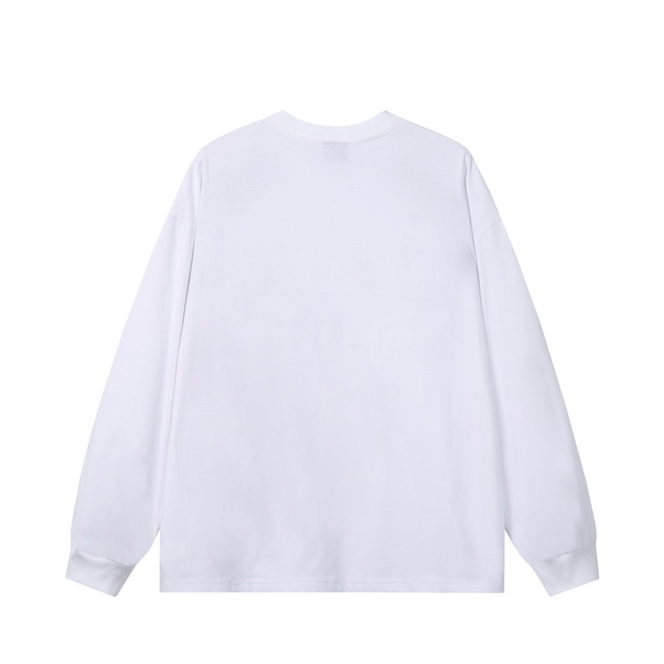 Back view of a white long-sleeve crew neck sweatshirt with ribbed cuffs and dropped shoulders, flat lay