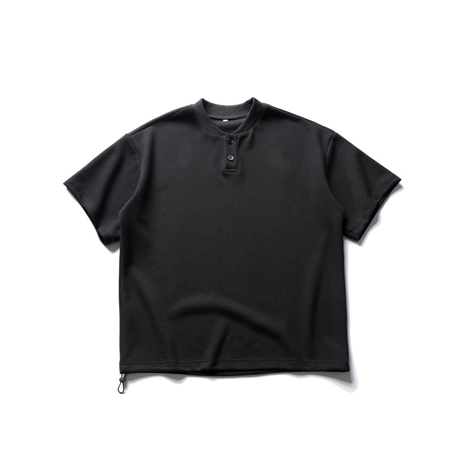 Black short-sleeve Henley tee with two buttons and a hem drawcord toggle, flat lay front view
