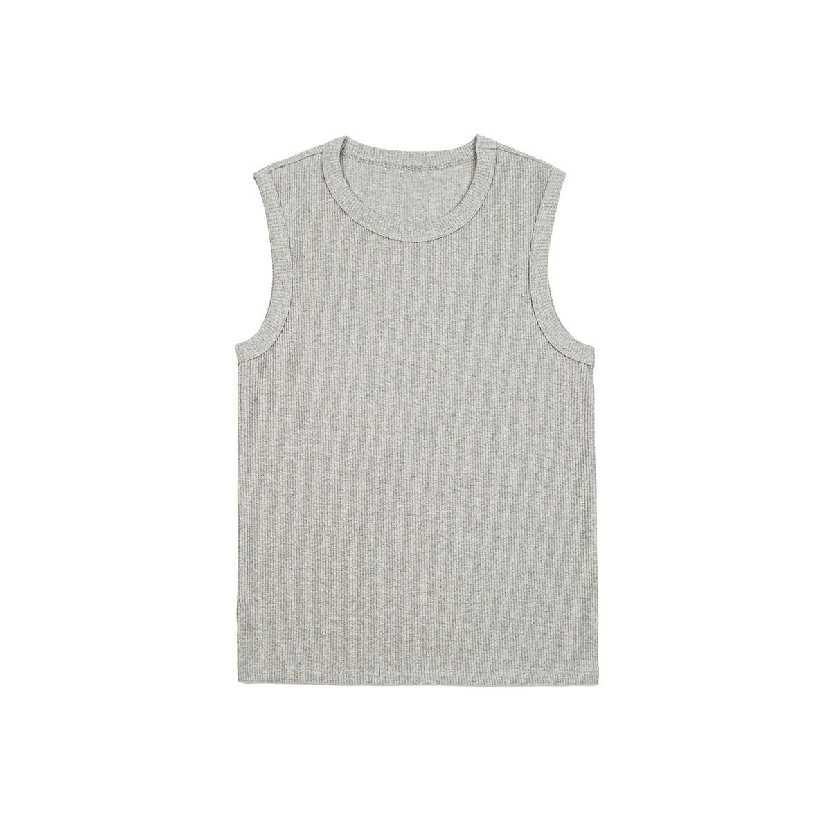 Heather gray sleeveless ribbed knit tank top with round neckline, flat lay on a white background
