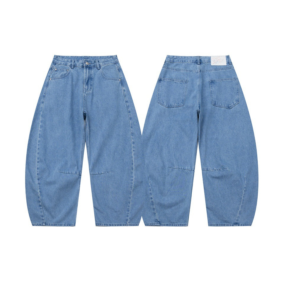 Light blue wide-leg jeans shown from the front and back, with curved legs and two rear patch pockets.