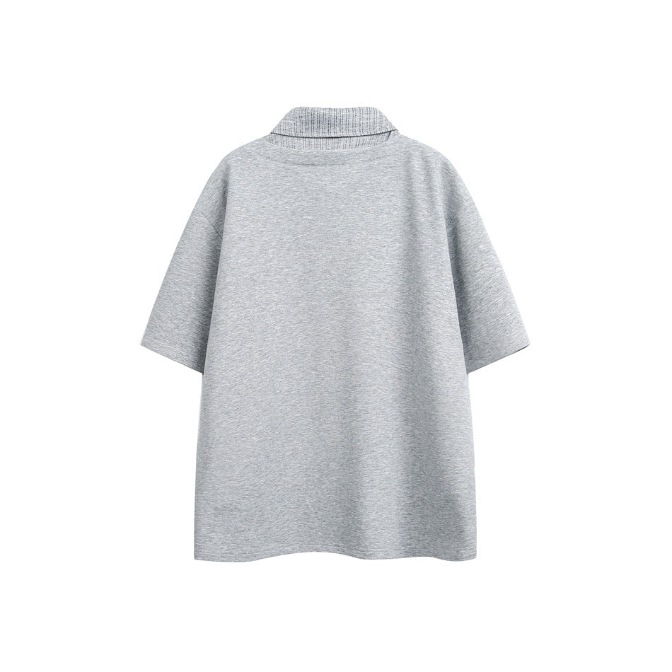 Back view of a heather gray short-sleeve polo shirt with a light gray textured collar.