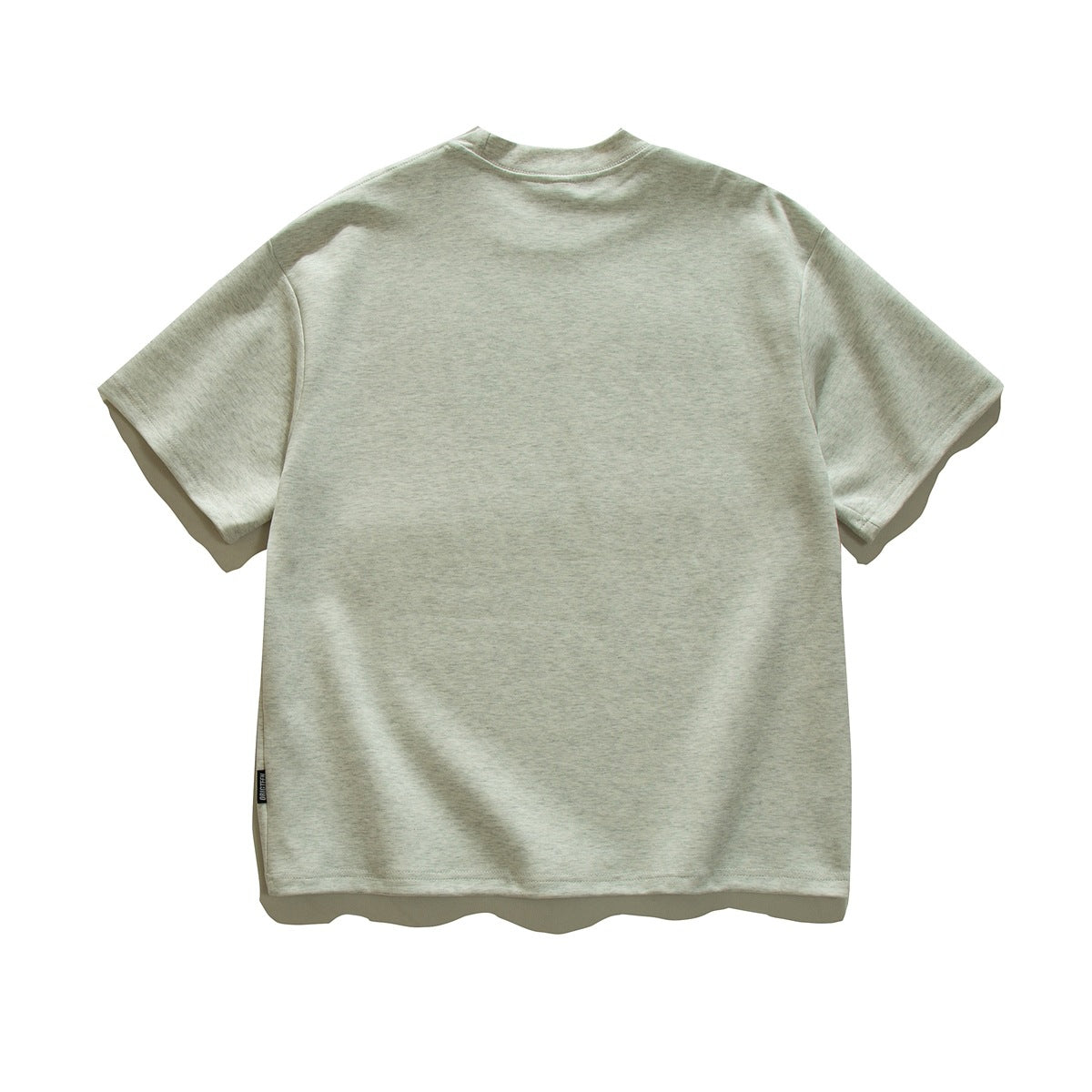 Back view of a plain heather-gray short-sleeve crew-neck T-shirt laid flat.