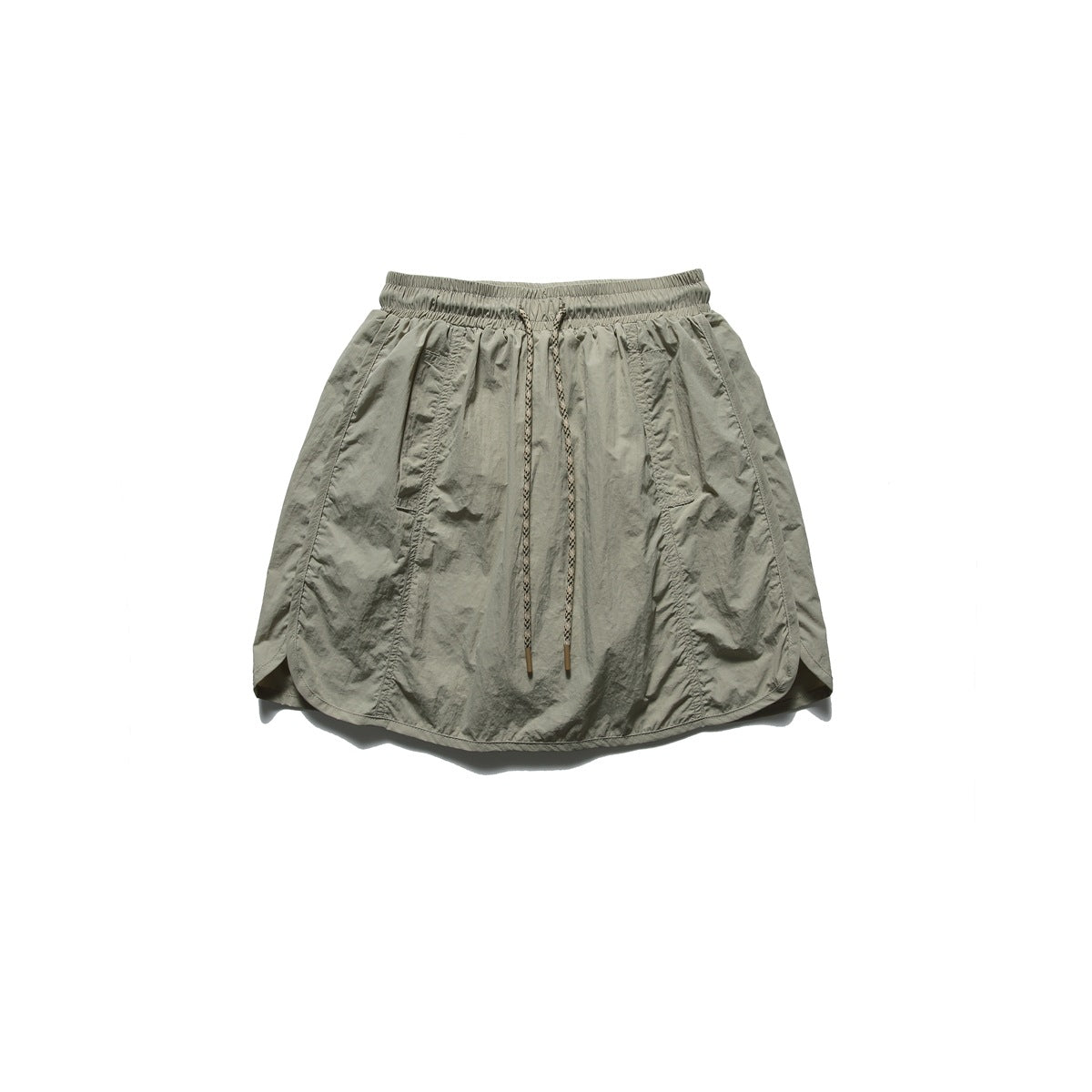Light khaki-beige drawstring mini skort laid flat, front view, with elastic waist and curved side hems