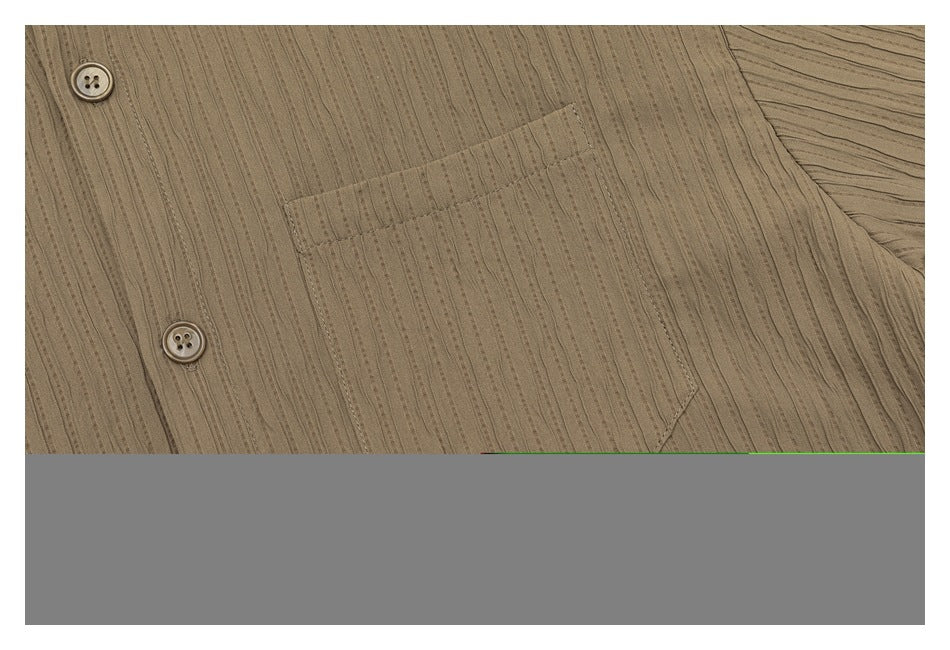 Close-up of a taupe shirt showing two buttons, a chest pocket, and narrow vertical textured stripes.