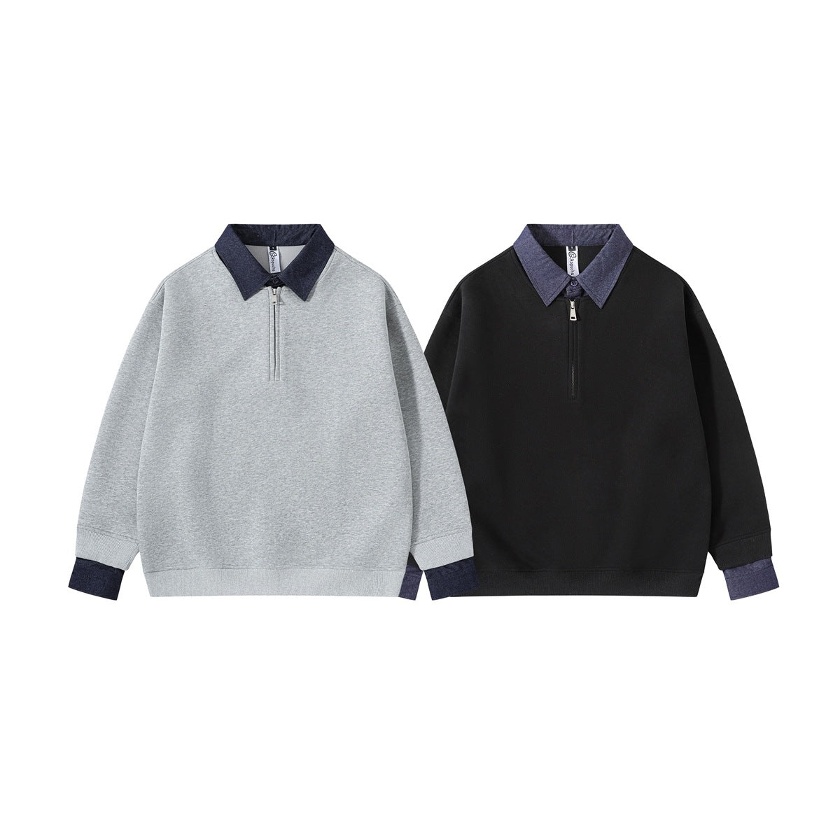 Two front views of collared zip-neck pullovers: one heather gray with a dark collar, and one black with a blue-gray collar.
