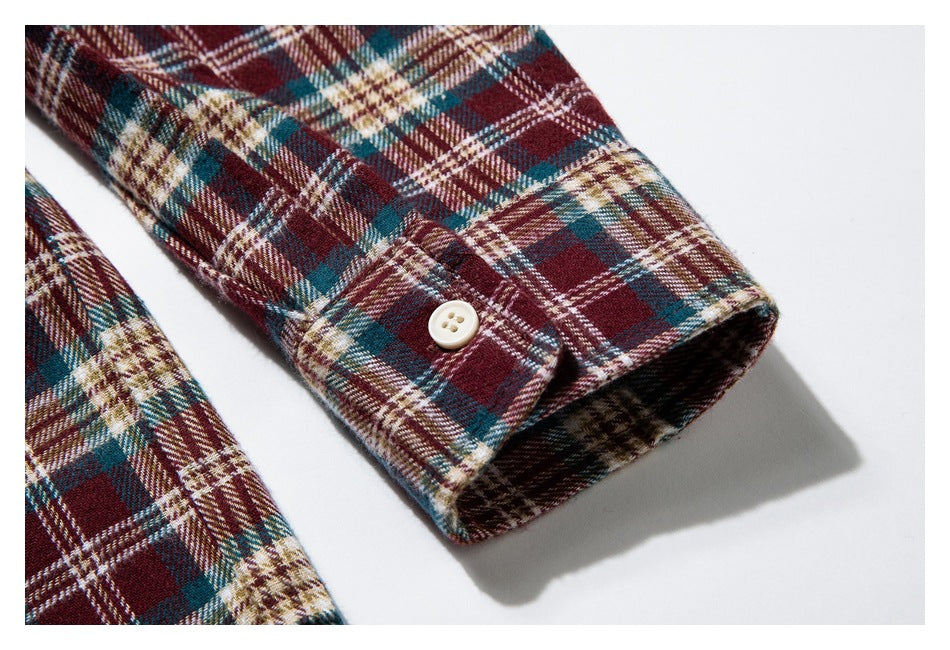 Close-up of a plaid shirt sleeve cuff with a cream button against a white background.