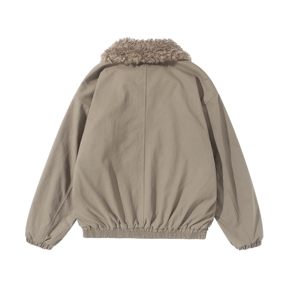 Back view of a taupe jacket with a shaggy tan collar, long sleeves and gathered hem and cuffs.