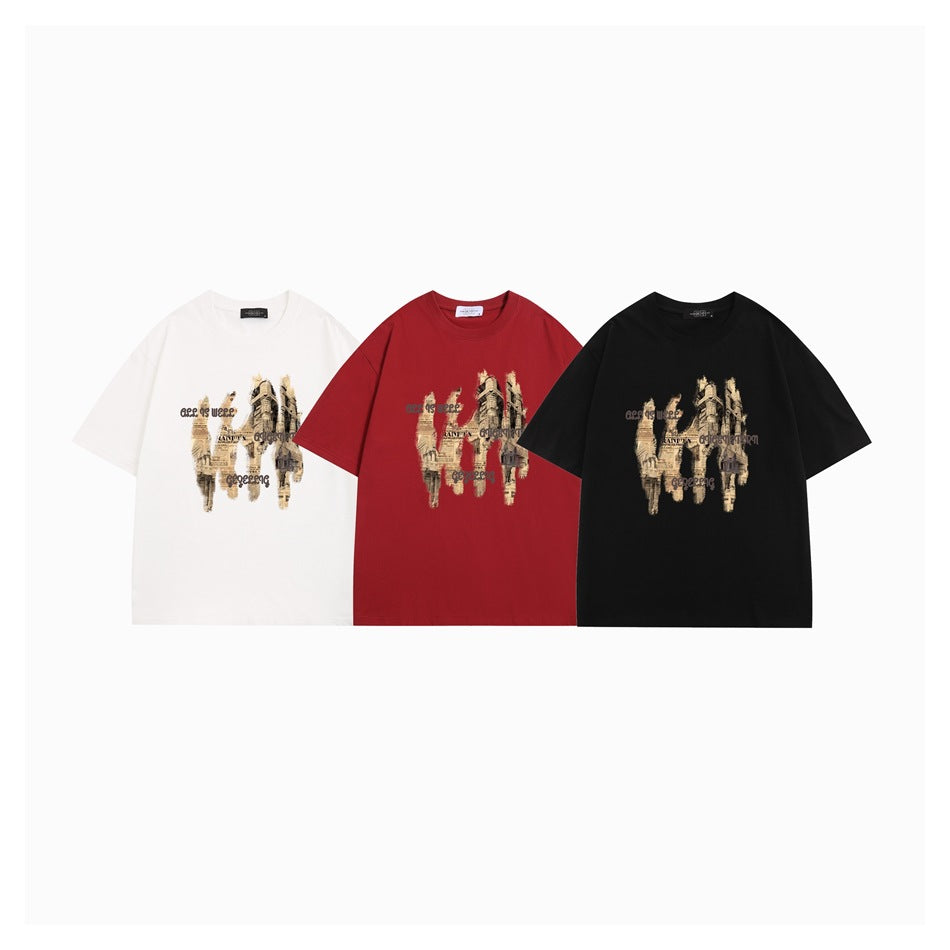 Three short-sleeve graphic T-shirts shown together in white, red, and black.