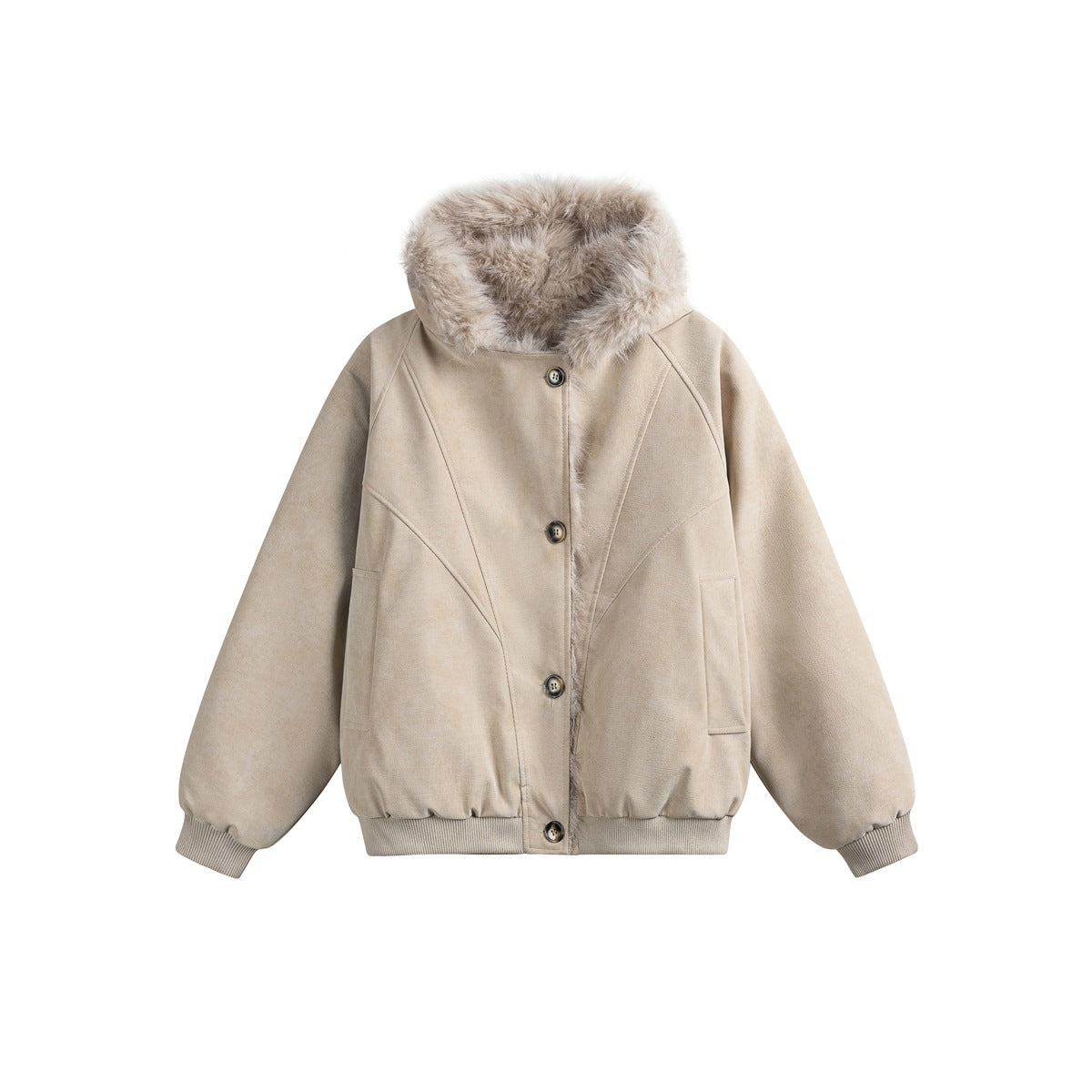 Khaki beige hooded button-front jacket with fur-like hood trim, ribbed cuffs and hem, flat front view