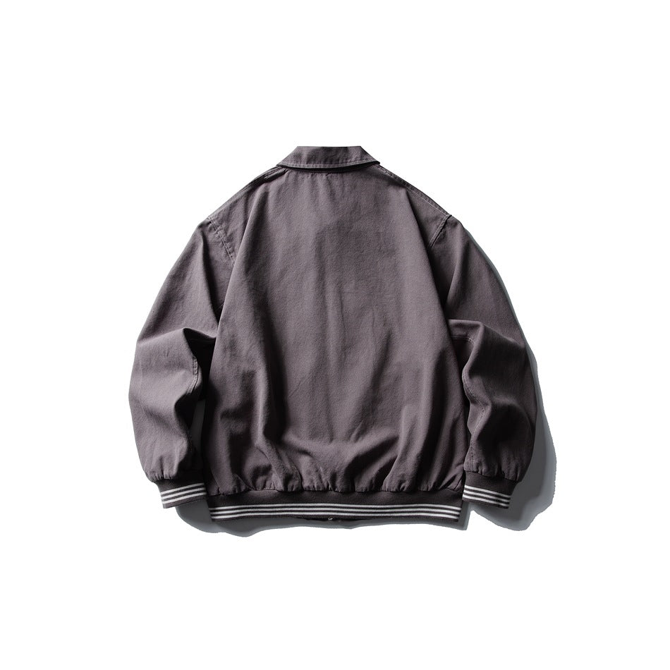 Back view of gray-purple collared jacket with striped ribbed cuffs and hem, flat lay