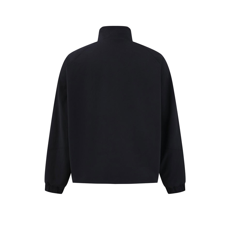 Back view of a plain black jacket with a stand collar and gathered cuffs.