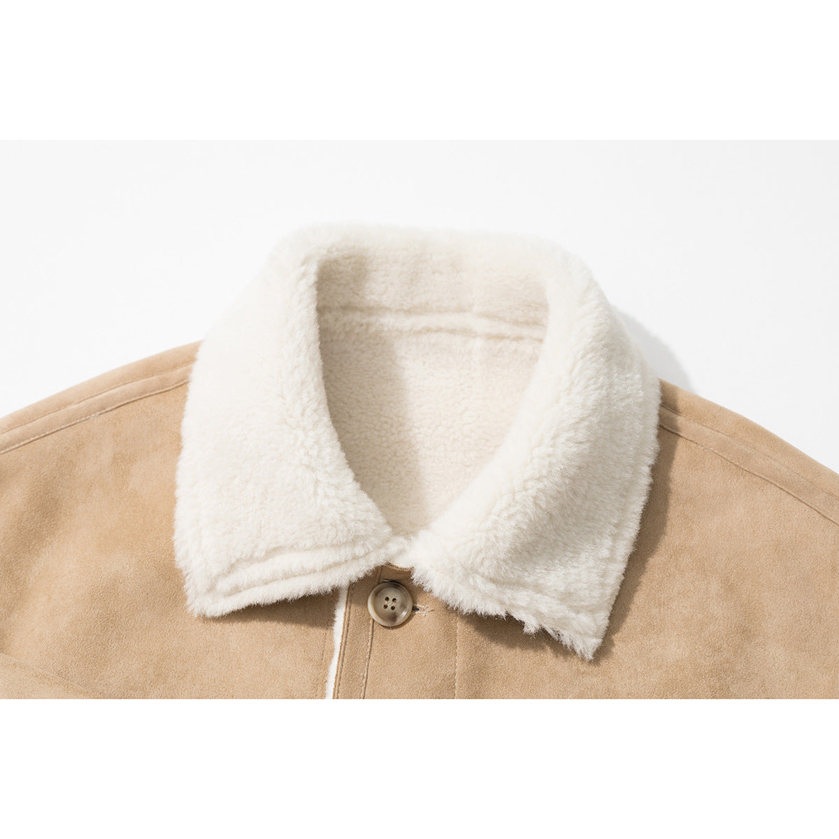 Close-up of a tan coat with a thick ivory plush collar and a large front button.