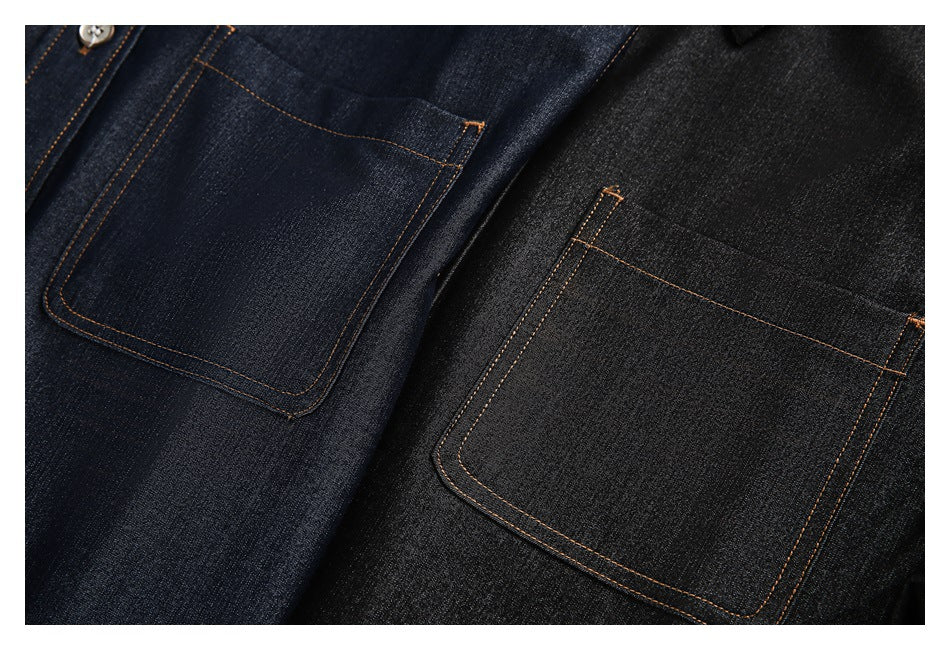 Close-up of navy and black denim shirt fronts with large chest pockets and contrasting tan stitching.