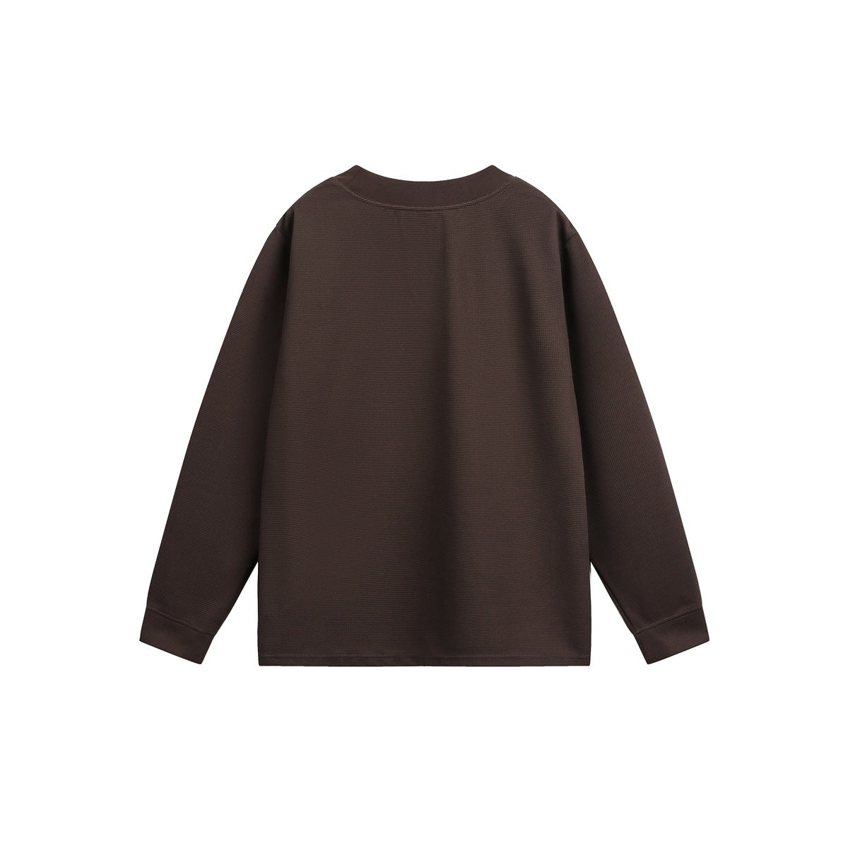 Back view of a dark brown long-sleeve crew-neck shirt with plain waffle-knit fabric.