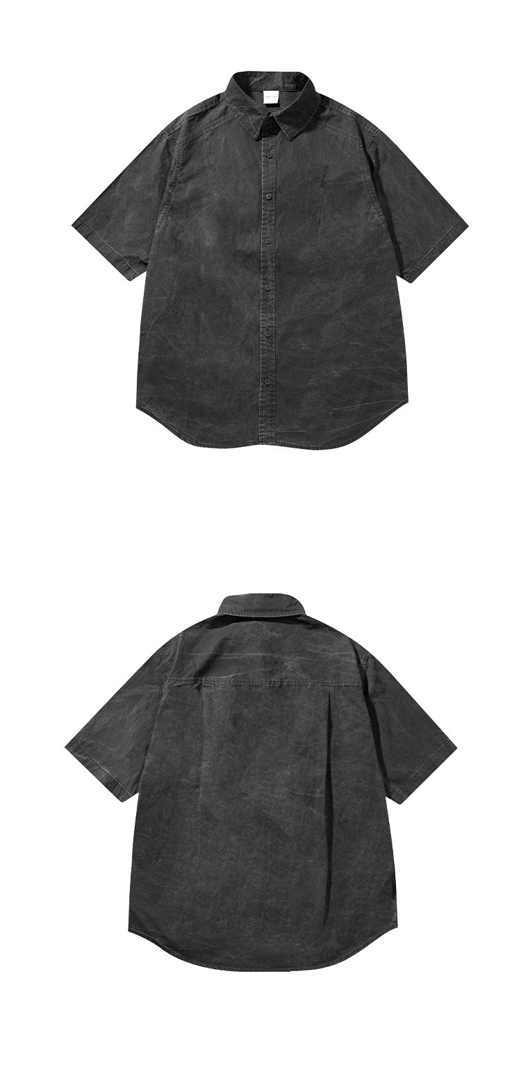 Charcoal short-sleeve button-up shirt shown from the front and back on a white background.