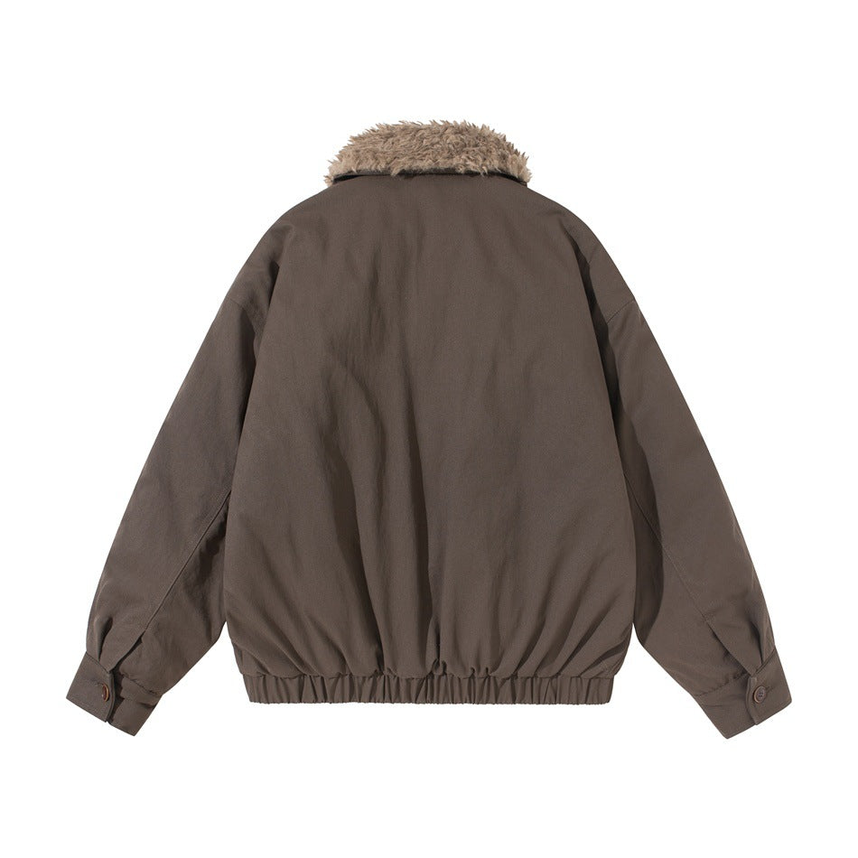 Back view of brown bomber-style jacket with textured collar, button cuffs and gathered elastic hem, flat lay
