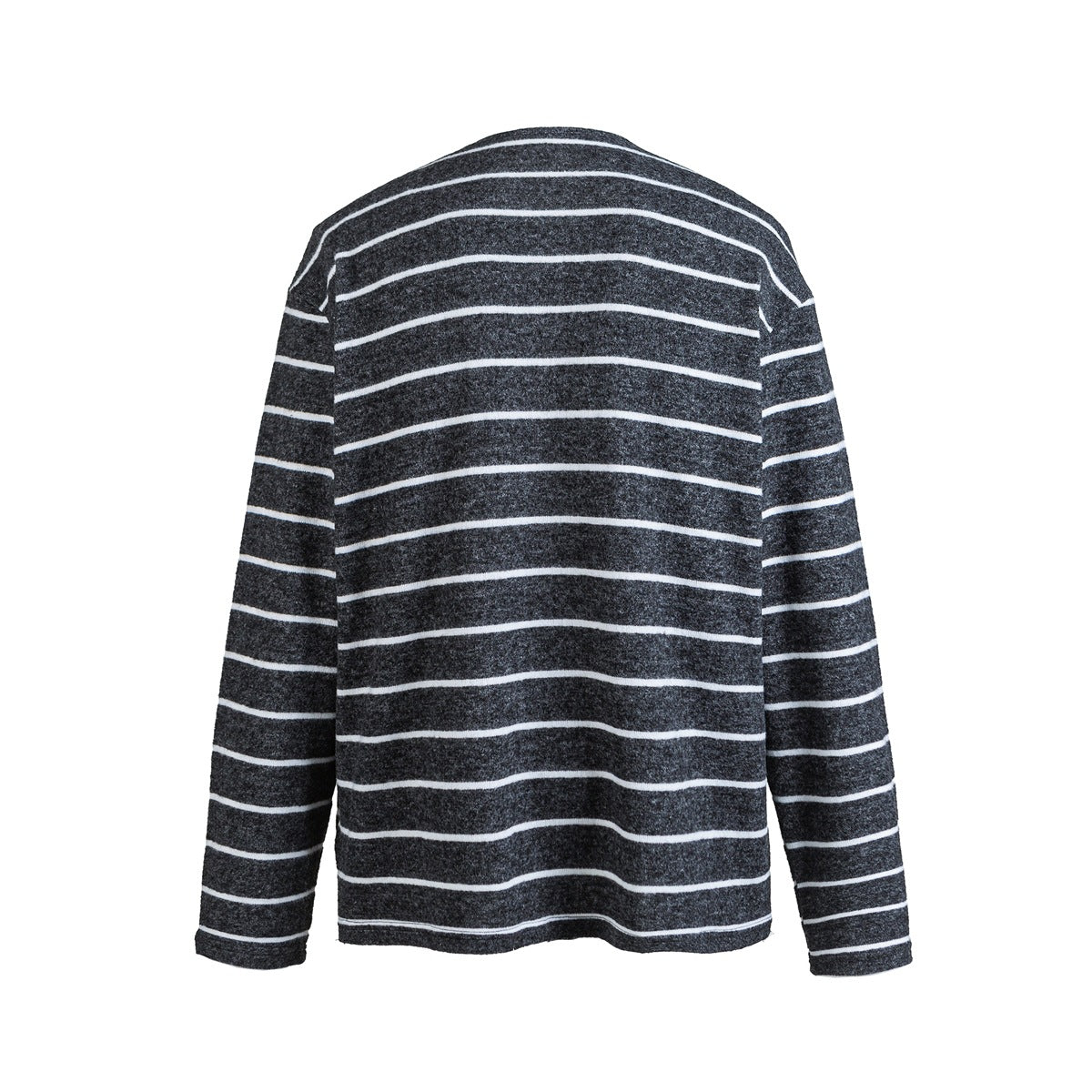 Back view of a charcoal gray long-sleeve shirt with thin white horizontal stripes.