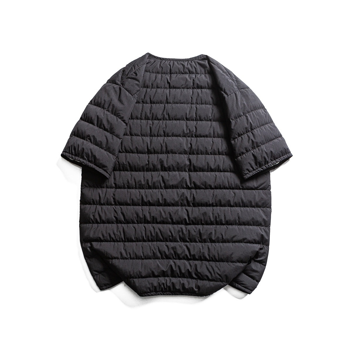 Back view of a charcoal gray short-sleeve quilted jacket with horizontal padded channels.