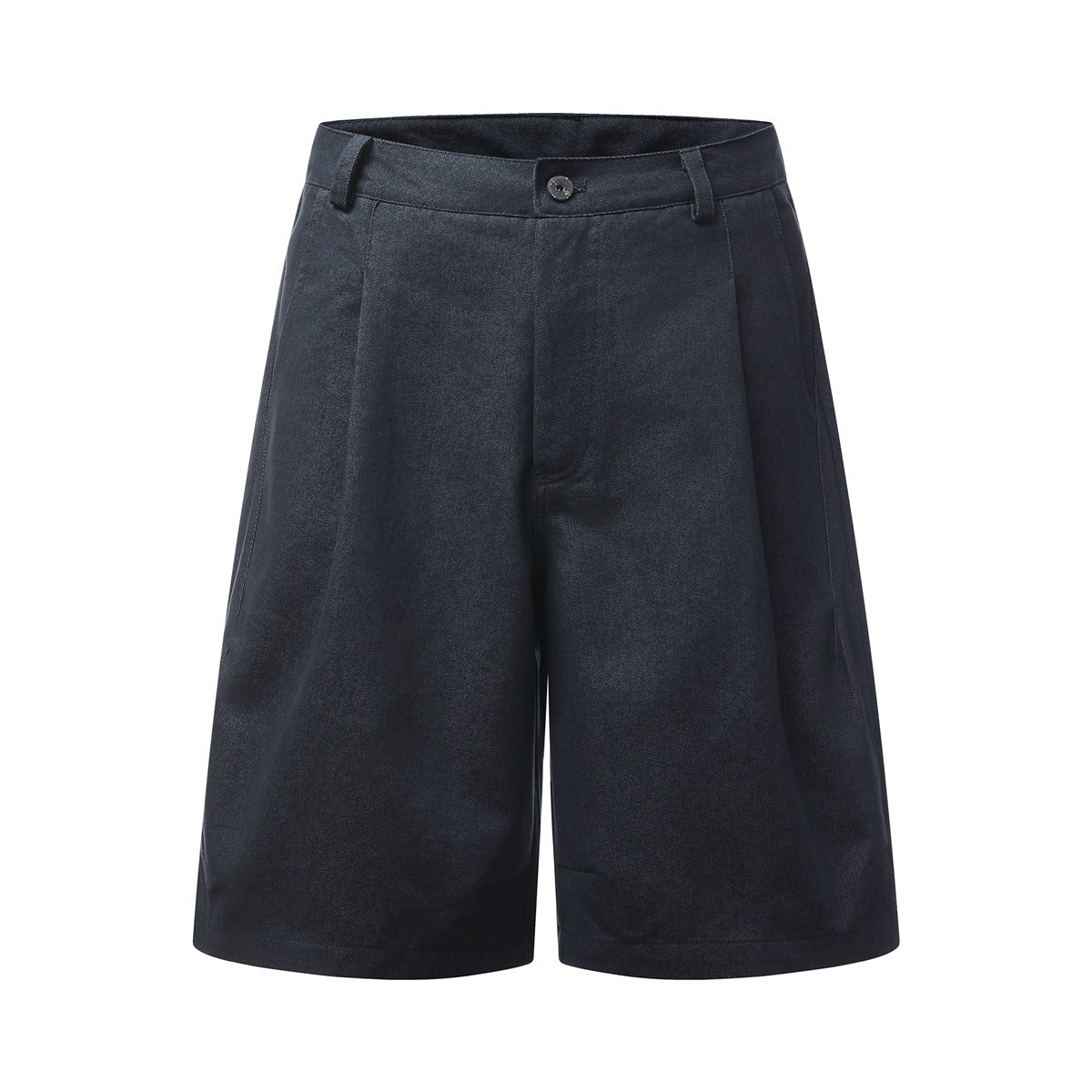 Navy knee-length wide-leg pleated shorts with button waistband and belt loops, front flat view
