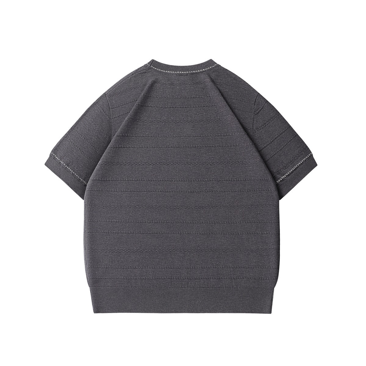 Back view of a charcoal short-sleeve knit top with horizontal stitched bands and ribbed trim.