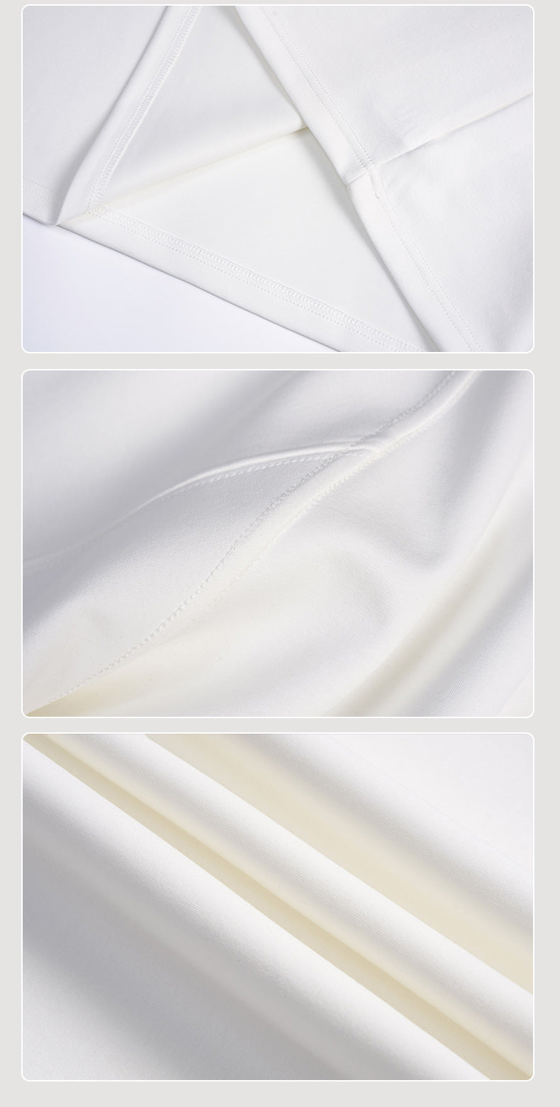 Close-up views of white T-shirt fabric, seams, and finished stitching.