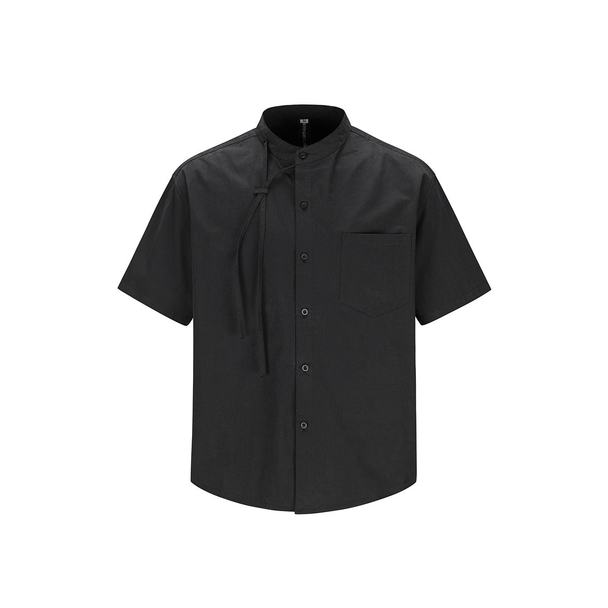 Black short-sleeve stand-collar button shirt with chest pocket and knotted cord at the neckline, front view