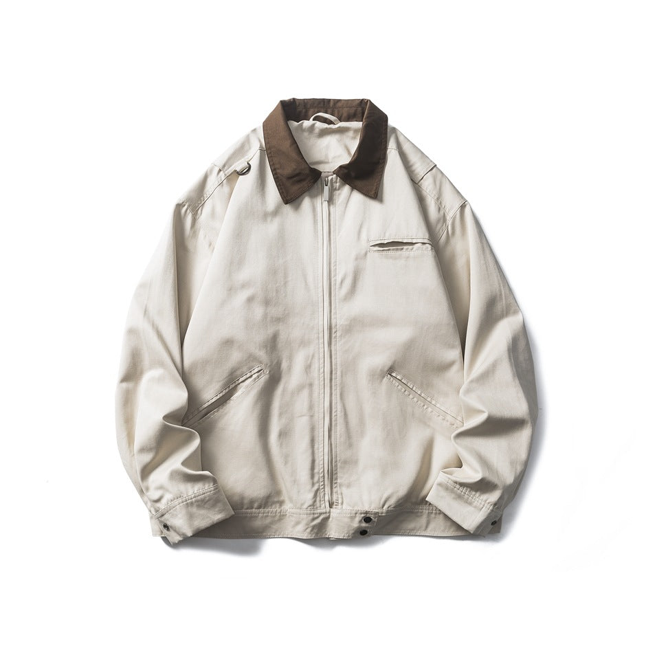 Beige zip-front jacket with brown contrast collar, flat lay front view with pockets and snap hem tabs