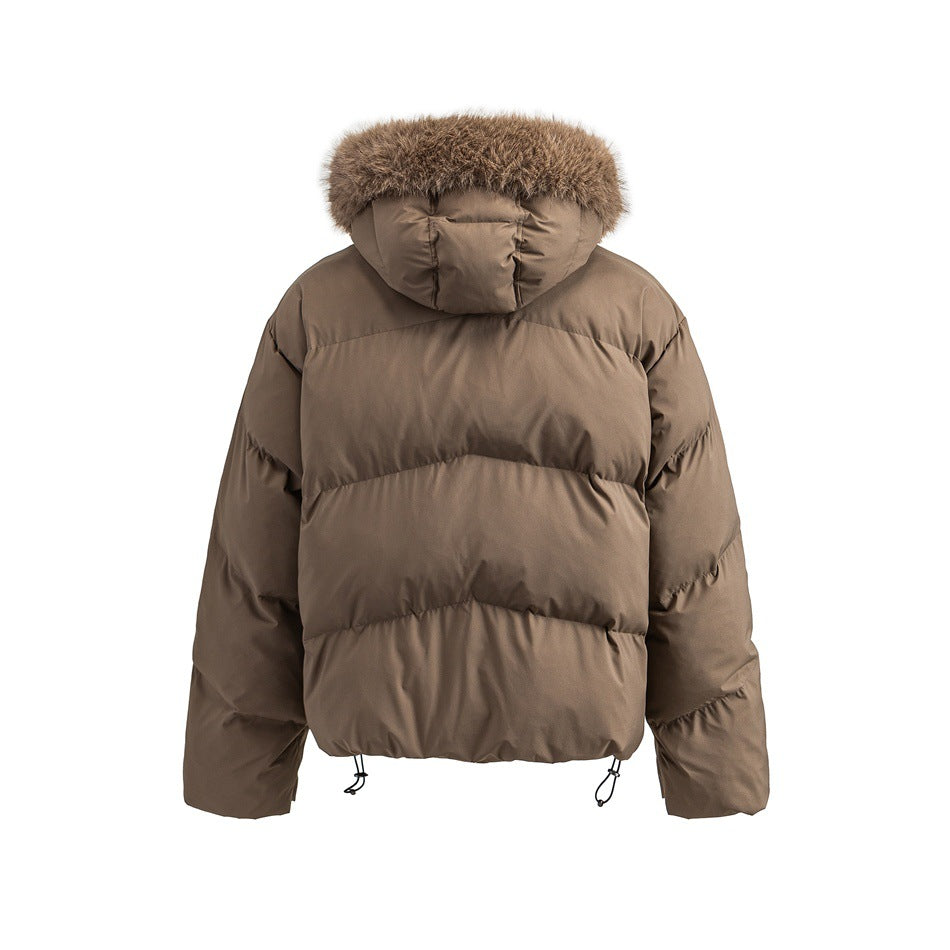 Back view of a brown quilted puffer jacket with a fur-trimmed hood and adjustable hem cords.