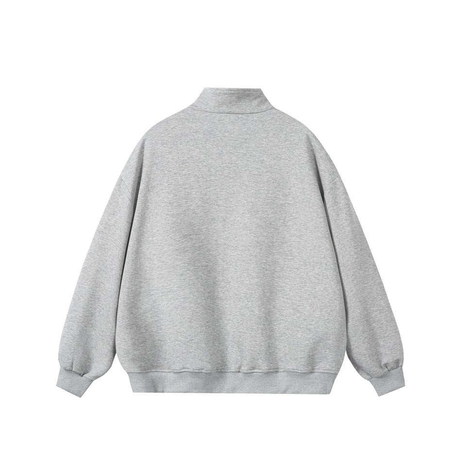 Back view of a plain heather-gray quarter-zip pullover with a stand collar and ribbed cuffs and hem.